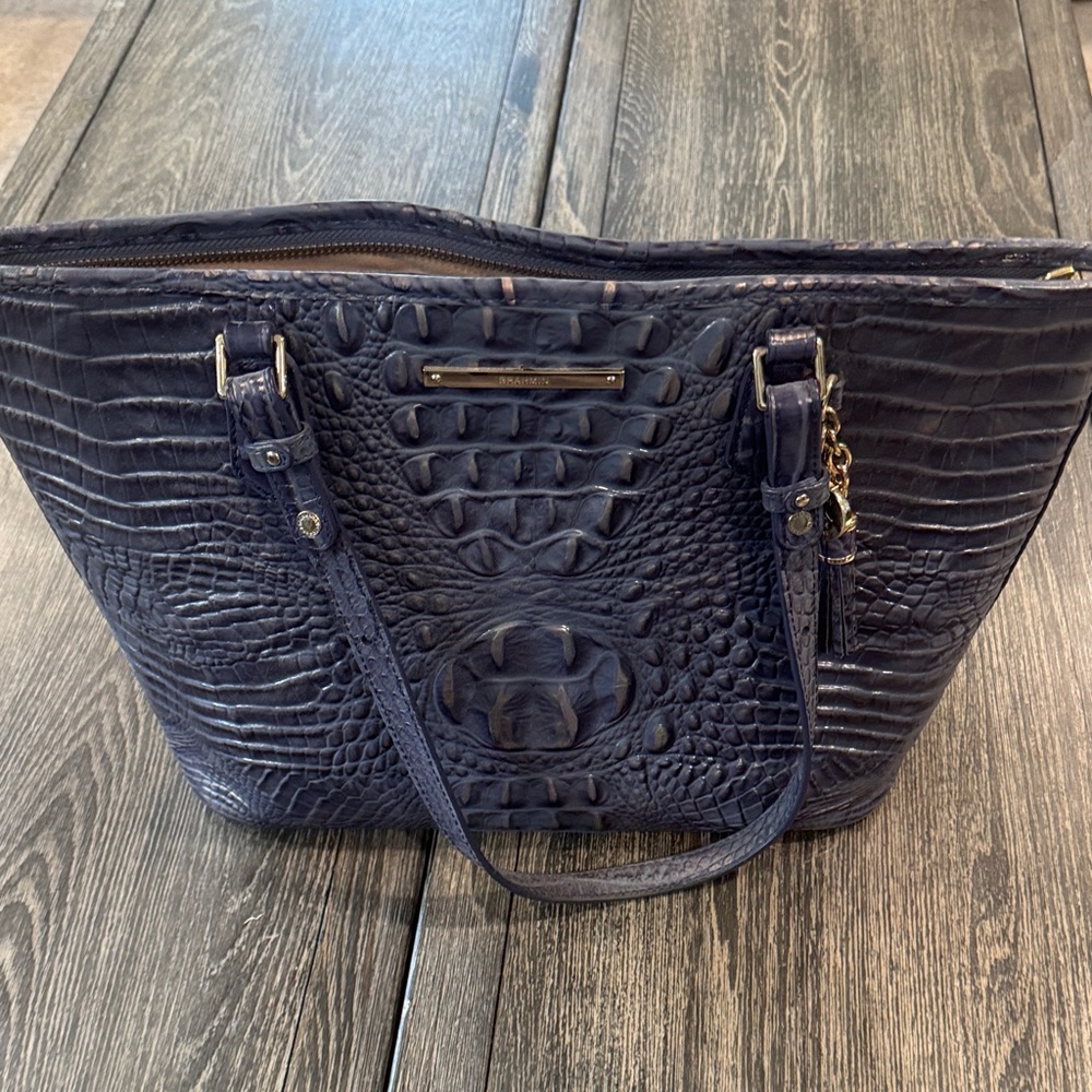 Brahmin Elegant Navy Blue Crocodile Embossed Tote Bag
